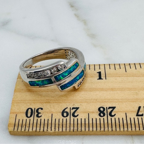 Sterling Silver Ring Created Opal CZ Accent Size 6 Crossover Blue Green 925 Mark - Picture 5 of 11